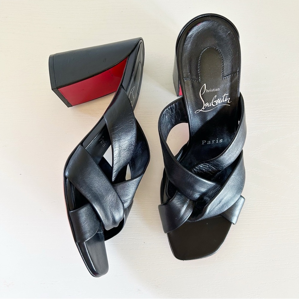 Christian Louboutin Black Leather Crisscross Block Heel Sandals with Red Sole